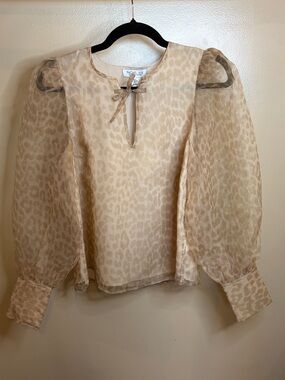 Rachel Zoe Sheer Leopard-Print Puff Sleeve Blouse NWT